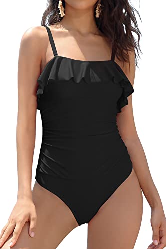 SHEKINI Damen Einteiliger Badeanzug Rüschen Bandeau Bauchweg Bademode Verstellbar Rückenfrei Slim Strandmode(M,Schwarz) von SHEKINI