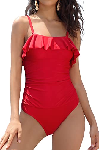 SHEKINI Damen Einteiliger Badeanzug Rüschen Bandeau Bauchweg Bademode Verstellbar Rückenfrei Slim Strandmode(XL,Rot) von SHEKINI