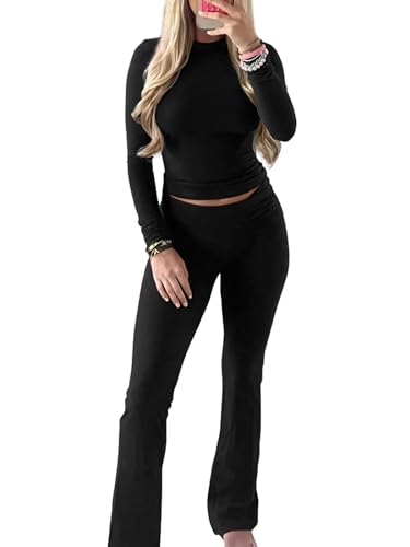 SHEKINI Damen Schlafanzug lang Lounge Set Oberteil Und Schlaghose Set Langarm Pyjama Set Zweiteiler Sleepwear Loungewear Sets Yoga Trainingsanzug Outfit von SHEKINI