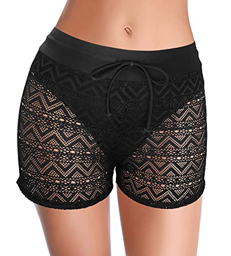 SHEKINI Damen Schnürung Hose Shorts Bikinihose Badeshorts Einstellbar Kordel Schwimmshorts Wassersport Elastische Badehose Slip (S, Schwarz A) von SHEKINI