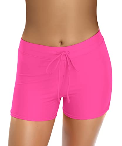 SHEKINI Damen Schnürung Verstellbar Badeshorts Kurze Bikinihose Schwimmshorts Wassersport Boardshorts Elastische Sommer Schwimmhose（S, Fluoreszierendes Rosa D） von SHEKINI