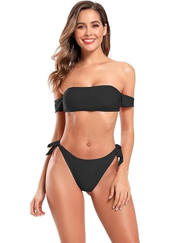 SHEKINI Bandeau Bikini Damen Set Schulterfrei Zweiteiliger Badeanzug Sexy Tanga Abnehmbare Schulterträger Bikini für Damen(M, Schwarz) von SHEKINI