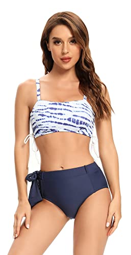 SHEKINI Damen Schulterträger Bikini Baywatch Gepolstertes Bandeau Oberteil mit Beiderseitigen Schnürung High Waist Bauchweg Raffung Hose (S,Dunkelblau.K) von SHEKINI