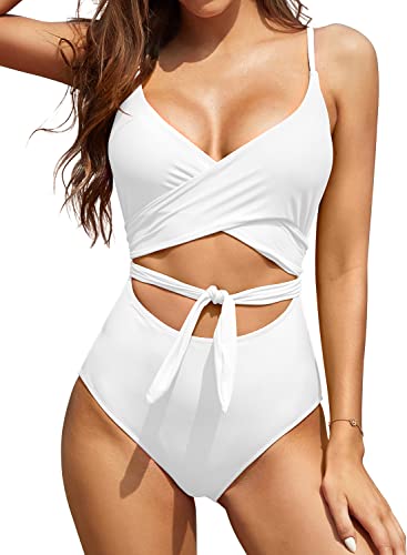 SHEKINI Damen Sexy Badeanzug Niedriger Kragen Cutout Verstellbar Rückenfrei Monokini Badeanzüge Strandbikini (L,Weiß C) von SHEKINI