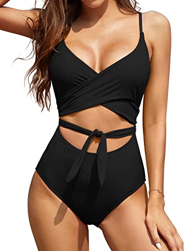 SHEKINI Damen Sexy Badeanzug Niedriger Kragen Cutout Verstellbar Rückenfrei Monokini Badeanzüge Strandbikini (M,Schwarz C) von SHEKINI