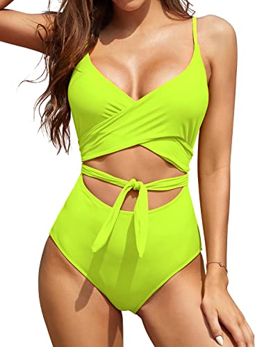 SHEKINI Damen Sexy Badeanzug Niedriger Kragen Cutout Verstellbar Rückenfrei Monokini Badeanzüge Strandbikini (XL,Fluoreszierendes Gelb C) von SHEKINI