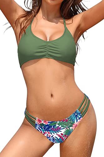 SHEKINI Damen Sexy Bikini Set Bandeau Bademode Neckholder Bikinioberteil Elegant Gedruckt Triangel Bikinihose Zweiteiliger Badeanzug （M,Olivgrün） von SHEKINI