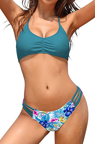 SHEKINI Damen Sexy Bikini Set Bandeau Bademode Neckholder Bikinioberteil Elegant Gedruckt Triangel Bikinihose Zweiteiliger Badeanzug （S,Dunkelgrün） von SHEKINI