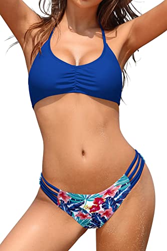 SHEKINI Damen Sexy Bikini Set Bandeau Bademode Neckholder Bikinioberteil Elegant Gedruckt Triangel Bikinihose Zweiteiliger Badeanzug （S,Königsblau） von SHEKINI