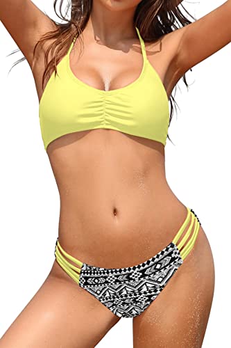 SHEKINI Damen Sexy Bikini Set Bandeau Bademode Neckholder Bikinioberteil Elegant Gedruckt Triangel Bikinihose Zweiteiliger Badeanzug （L,Gelb） von SHEKINI