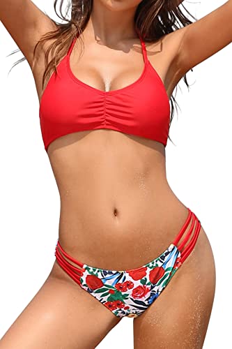 SHEKINI Damen Sexy Bikini Set Bandeau Bademode Neckholder Bikinioberteil Elegant Gedruckt Triangel Bikinihose Zweiteiliger Badeanzug （M,Rot） von SHEKINI