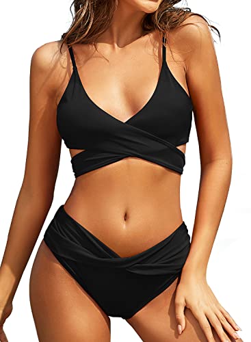 SHEKINI Damen Bikini Set Push Up Verstellbar Crossover Ties-up Neckholder Bikinioberteil Zweiteiliger Badeanzug Triangel Ruched Sport Slip Bikinihose Strandkleidung(XL,Schwarz) von SHEKINI