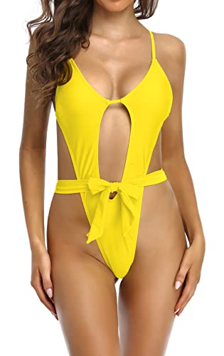 SHEKINI Damen Sexy Einteiliger Badeanzug Cutout Monokini Brasilien Tanga Bikini Bademode Verstellbar Rückenfrei Strandkleidung (L,Zitronengelb) von SHEKINI