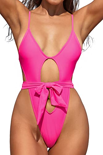SHEKINI Damen Sexy Einteiliger Badeanzug Cutout Monokini Brasilien Tanga Bikini Bademode Verstellbar Rückenfrei Strandkleidung （XL,Fluoreszierendes Rose von SHEKINI