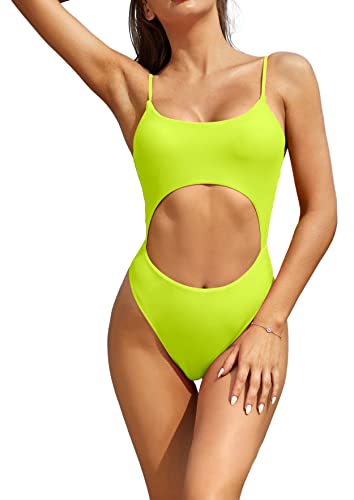 SHEKINI Damen Sexy Einteiliger Badeanzug Cutout Verstellbar Rückenfrei Monokini Badeanzug Tanga Brasilianer Strandkleidung für Frauen （M,Fluoreszierendes Gelb von SHEKINI