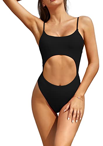 SHEKINI Damen Sexy Einteiliger Badeanzug Cutout Verstellbar Rückenfrei Monokini Badeanzug Tanga Brasilianer Strandkleidung für Frauen （XL,Schwarz von SHEKINI