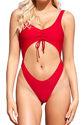 SHEKINI Damen Sexy Einteiliger Badeanzug Verstellbar Kordelzug Bademode Cutout Rückenfrei Monokini Badeanzüge Strandmode (Rot, S) von SHEKINI