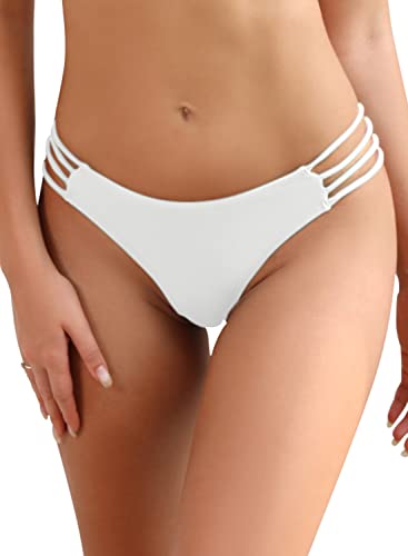 SHEKINI Damen Sexy Fest Riemchen String Bikinihöschen Hipster Thong Swimwear Bottom Klein (US 4-6) Venedig Weiß von SHEKINI