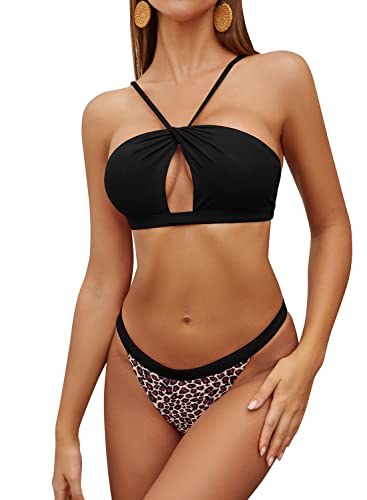 SHEKINI Damen Sexy Hollow Bikini Set Rückenfrei Gepolstertes Oberteil Low Waist Blumen Hose Schulterfrei Strand Zweiteiliger Bikinis (XL, Schwarz) von SHEKINI