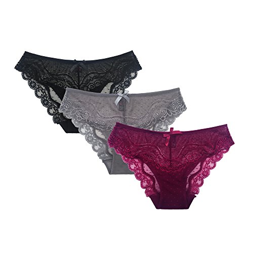 SHEKINI Damen Slips Hipster Sexy Atmungsaktive Unterwäsche Unterhose Tanga Panties Spitze Schlüpfer Bikini Höschen Dessous Weiche Elegant 3er-Pack (S, 3 Pack F (Wine Red/Black/Grey)) von SHEKINI