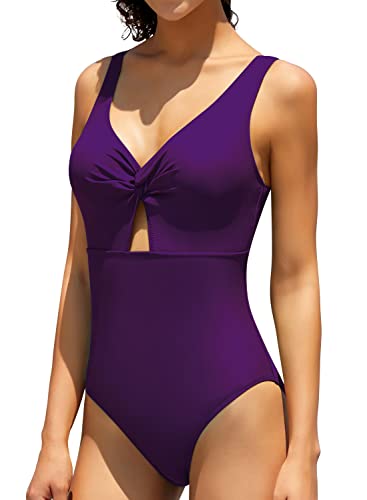 SHEKINI Damen Einteiliger Sommer Badeanzug Tiefen V Ausschinitt Cutout Bauchweg Bademode Rückenfrei Monokini Swimsuit(L, Dunkellila) von SHEKINI