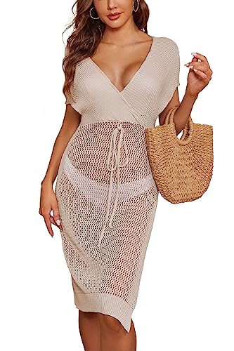 SHEKINI Damen Sommer Bikini Cover Up Strandkleid V-Ausschnitt Lang Leichte Kurze Ärmel Elegant Stricken Strandmode Beachwear Strand(Khaki,S) von SHEKINI