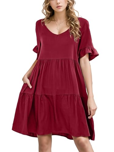 SHEKINI Damen Sommerkleider Leicht und Luftig Sommer Casual Elegant V-Ausschnitt Shirt Damen Kurzarm Flowy Rüschenärmel Loose Strandkleid Damenkleid S-XXL SHEKINI Damen Sommerkleider Leicht und Luftig Sommer Casual Elegant V-Ausschnitt Shirt Damen Kurzarm Flowy Rüschenärmel Loose Strandkleid Damenkleid S-XXL von SHEKINI