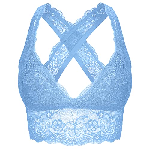 SHEKINI Damen Spitze BH Bügelfrei Gepolstert Cross-Back Longline Pullover Racerback Bralette Top, Smog Blue, Medium von SHEKINI