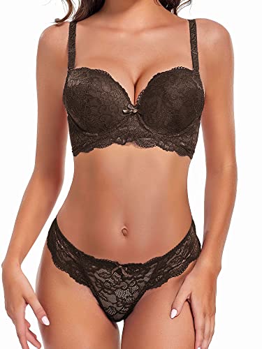 SHEKINI Damen Spitze Dessous Set Bügel BH und Panty Set Push Up BH Tanga Panty Set 2 Stück, Braun, 75B von SHEKINI