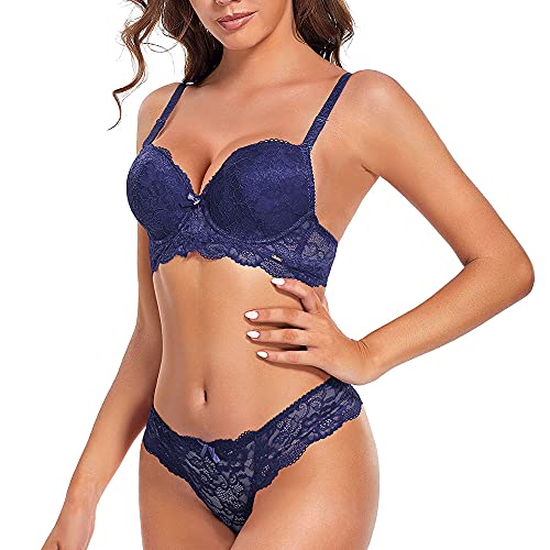 SHEKINI Damen Spitze Dessous Set Bügel BH und Panty Set Push Up BH Tanga Panty Set 2 Stück, Dunkelblau, 75B von SHEKINI