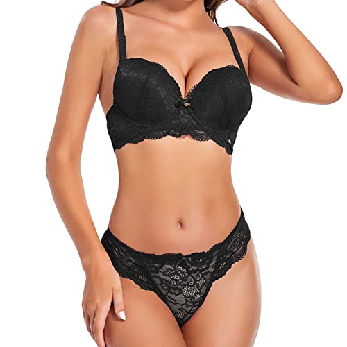 SHEKINI Damen Spitze Dessous Set Bügel BH und Panty Set Push Up BH Tanga Panty Set 2 Stück, Schwarz, 75B von SHEKINI