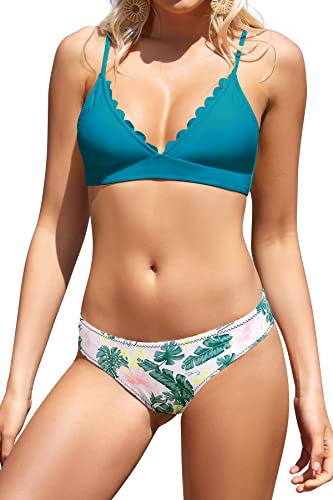 SHEKINI Damen Spitze Triangel Bikini Set Brazilian Sexy Tief V Ausschnitt Dekolletee 2 Teilig Bikinis Schulterträger Oberteil Low Waist Blumen Schwarz Hose（S, Dunkelgrün） von SHEKINI