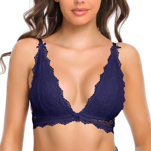 SHEKINI Damen Spitzen-BH, Triangel-BH, kabellos, abnehmbar, gepolstert, verstellbar, tiefer V-Ausschnitt mit Schleife, atmungsaktiv, Damenunterwäsche, marineblau, L von SHEKINI
