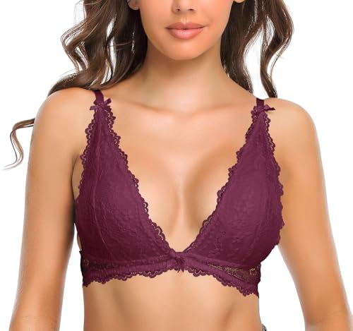 SHEKINI Damen Spitzen-BH, Triangel-BH, kabellos, abnehmbar, gepolstert, verstellbar, tiefer V-Ausschnitt mit Schleife, atmungsaktiv, Damenunterwäsche, violett, XL von SHEKINI