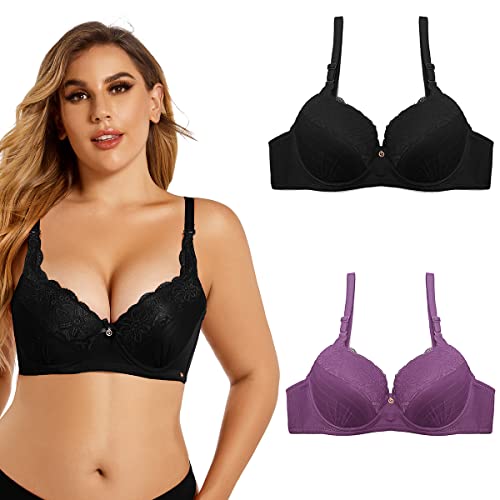 SHEKINI Damen-BHS Push up T-Shirt Bra BH Damen Bügel Regulierbare Träger Nicht Gepolsterter Bustier Damen 3 Haken 2er Pack(B,85C) von SHEKINI