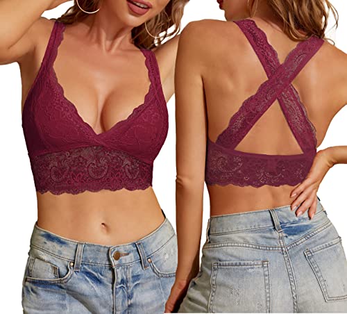 SHEKINI BH Damen ohne Bügel Bralette Damen Spitze Abnehmbare Gepolstert BH Racerback Blumen Bustier Bra Oberteile Top Rückenfreier Sexy Unterwäsche Dessous(Weinrot,L) von SHEKINI