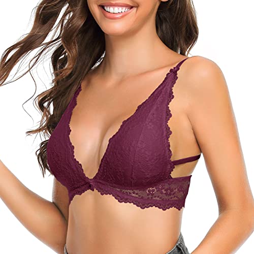 SHEKINI Damen Spitzen BH ohne Bügel Abnehmbare Pads Triangle-BH Atmungsaktiv und Bequem Bralette Spitze Bustier Gepolstert BH Rückenfrei Sexy Unterwäsche(Fuchsia-1,S) von SHEKINI