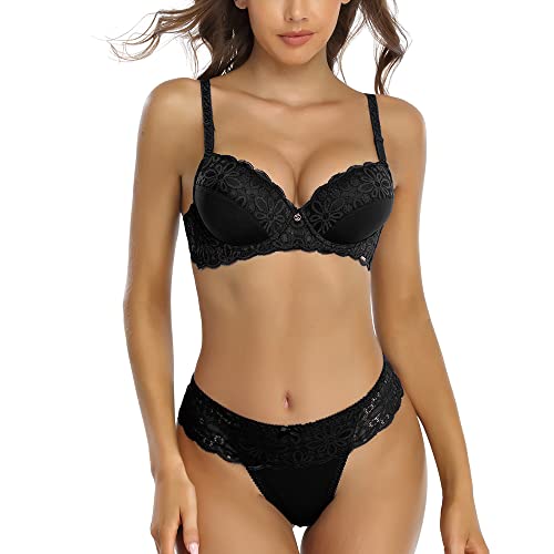 SHEKINI Damen Spitzen Dessous BH Set Spitze BH Und String Push Up Bügel BH Unterwäsche Lingerie Tanga von SHEKINI