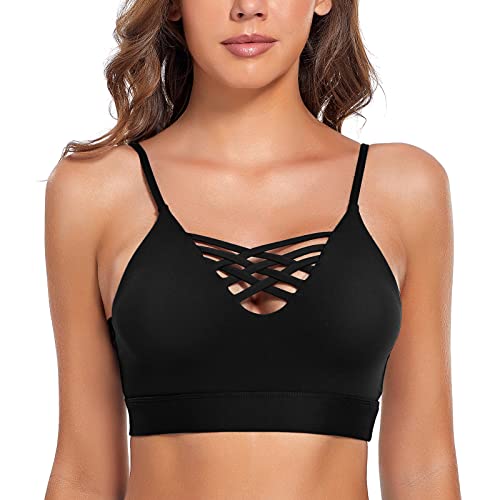 SHEKINI Damen Sport BH V Ausschnitt Bralette Weiche Cups Abnehmbare Gepolsterte Unterwäsche für Yoga, Schwarz , Large von SHEKINI