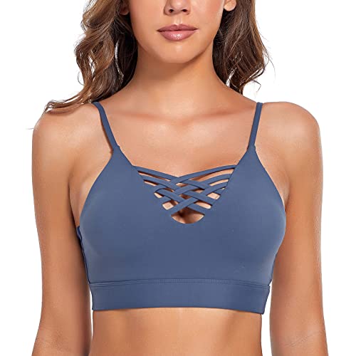 SHEKINI Damen Sport BH V Ausschnitt Bralette Weiche Cups Abnehmbare Gepolsterte Unterwäsche für Yoga, blau, Large von SHEKINI