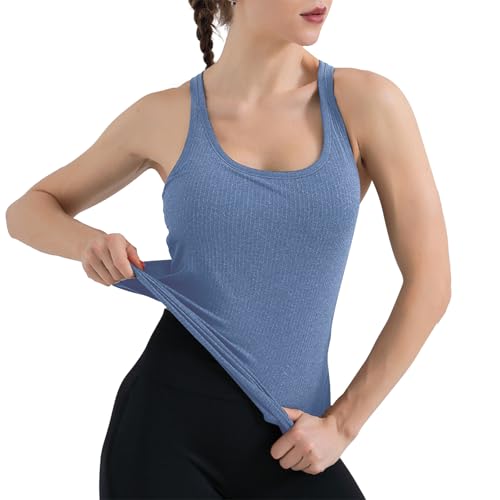 SHEKINI Damen Sport Top mit Integriertem BH Ohne Bügel Ärmelloses Geripptes Unterhemd BH-Hemd Basic Atmungsaktiv Fitness Shirt Sommer Gym Oberteile Workout Tanktops Yoga Shirt von SHEKINI