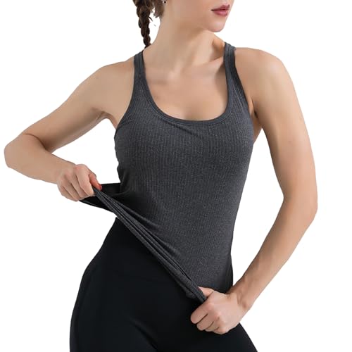SHEKINI Damen Sport Top mit Integriertem BH Ohne Bügel Ärmelloses Geripptes Unterhemd BH-Hemd Basic Atmungsaktiv Fitness Shirt Sommer Gym Oberteile Workout Tanktops Yoga Shirt von SHEKINI