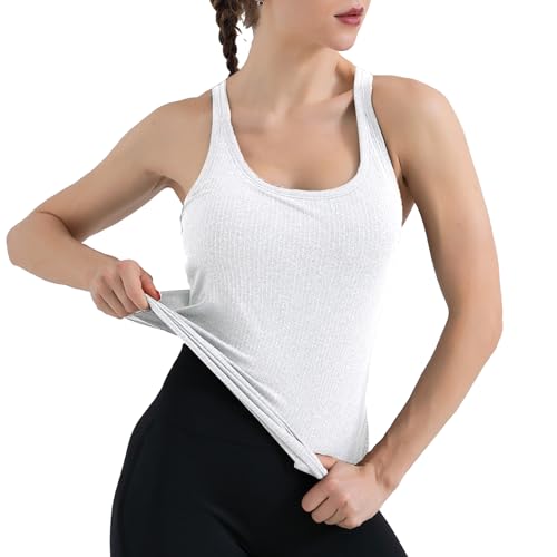 SHEKINI Damen Sport Top mit Integriertem BH Ohne Bügel Ärmelloses Geripptes Unterhemd BH-Hemd Basic Atmungsaktiv Fitness Shirt Sommer Gym Oberteile Workout Tanktops Yoga Shirt von SHEKINI