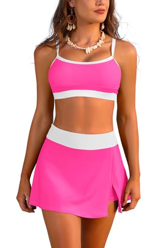 SHEKINI Damen Sportive Bikini Set High Waisted Zweiteilige Badeanzüge mit Rock Bottom (Medium,rosa + weiß) von SHEKINI
