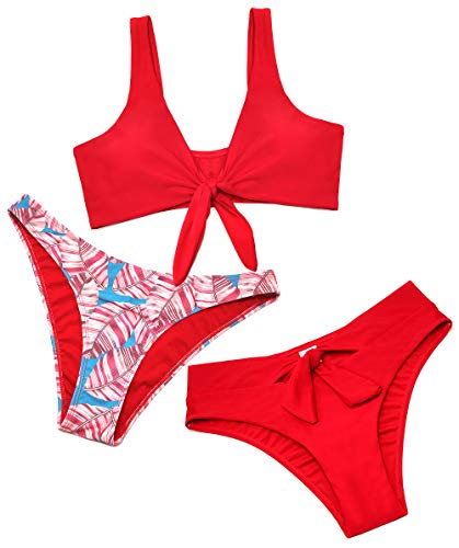 SHEKINI Damen Sportlich Bikini Set Niedriger Kragen Bademode Weste Bikinioberteil Verstellbarer Ties-up Elegant Zweiteiliger Badeanzug High Waist Bikinihose (Rot, L) von SHEKINI