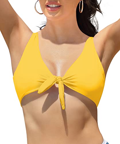 SHEKINI Damen Sportlich Bikini Niedriger Kragen Weste Bademode Bikinioberteil Ties-up Verstellbarer Elegant Badeanzug（L, Gelb-Bikinioberteil） von SHEKINI