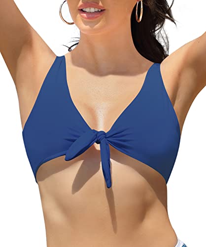 SHEKINI Damen Sportlich Bikini Niedriger Kragen Weste Bademode Bikinioberteil Ties-up Verstellbarer Elegant Badeanzug（L，blau） von SHEKINI