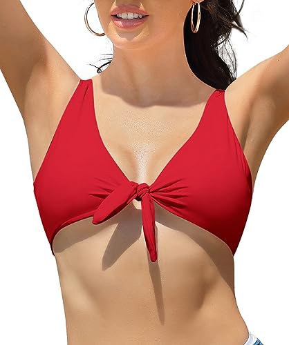 SHEKINI Damen Sportlich Bikini Niedriger Kragen Weste Bademode Bikinioberteil Ties-up Verstellbarer Elegant Badeanzug（L，leuchtendes Rot） von SHEKINI