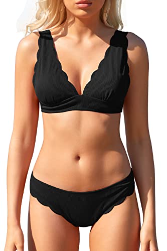 SHEKINI Damen Sportlicher Bikini Set Gerippte Weste Bikinis Tief V Ausschnitt Gepolsterte Oberteil Rückenfrei Schwarz Strand Zweiteiliger （S, Schwarz K） von SHEKINI