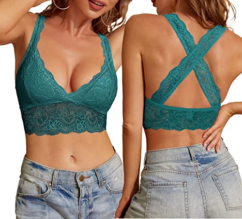 SHEKINI BH Damen ohne Bügel Bralette Damen Spitze Abnehmbare Gepolstert BH Racerback Blumen Bustier Bra Oberteile Top Rückenfreier Sexy Unterwäsche Dessous(Blaugrün,L) von SHEKINI